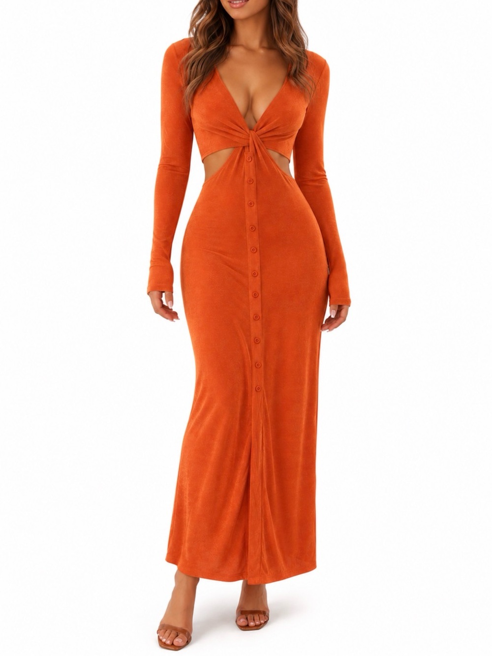 SHEIN Rust Orange Tie-Front Long Sleeve Maxi Dress